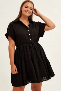 Black Shirt Dress Short Sleeve Linen Blend -You And All Fashion Store cdd1395 34rb black 3