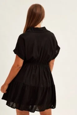 Black Shirt Dress Short Sleeve Linen Blend -You And All Fashion Store cdd1395 34rb black 5