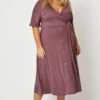 Purple Midi Dress V-neck Short Sleeve Waist Tie