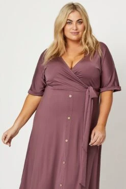 Purple Midi Dress V-neck Short Sleeve Waist Tie -You And All Fashion Store cdd14010 80y mauve 2 1
