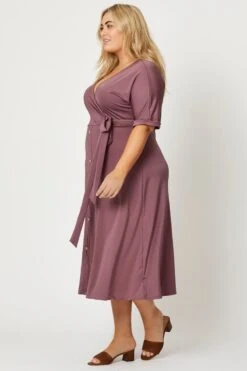 Purple Midi Dress V-neck Short Sleeve Waist Tie -You And All Fashion Store cdd14010 80y mauve 3 1
