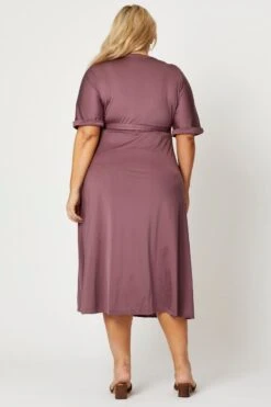 Purple Midi Dress V-neck Short Sleeve Waist Tie -You And All Fashion Store cdd14010 80y mauve 4 1