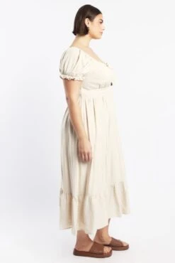 Beige Midi Dress Short Sleeve Cut Out Linen Blend -You And All Fashion Store cdd14030a 35rb oatmeal 3