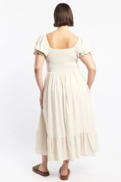 Beige Midi Dress Short Sleeve Cut Out Linen Blend -You And All Fashion Store cdd14030a 35rb oatmeal 4