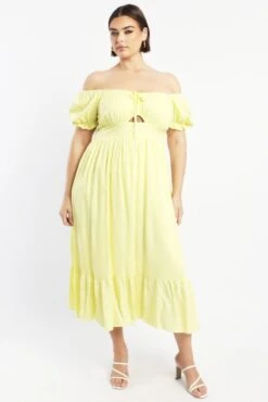 Yellow Midi Dress Short Sleeve Ruched Bust