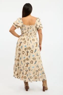 Beige Abstract Midi Dress Short Sleeve Cut Out Linen Blend -You And All Fashion Store cdd14030e 47r abstract 4