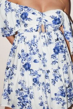 Blue Floral Drawstring Front Puff Sleeve Mini Dress 11 Blue Floral Drawstring Front Puff Sleeve Mini Dress -You And All Fashion Store cdd1417n 35a floral 6