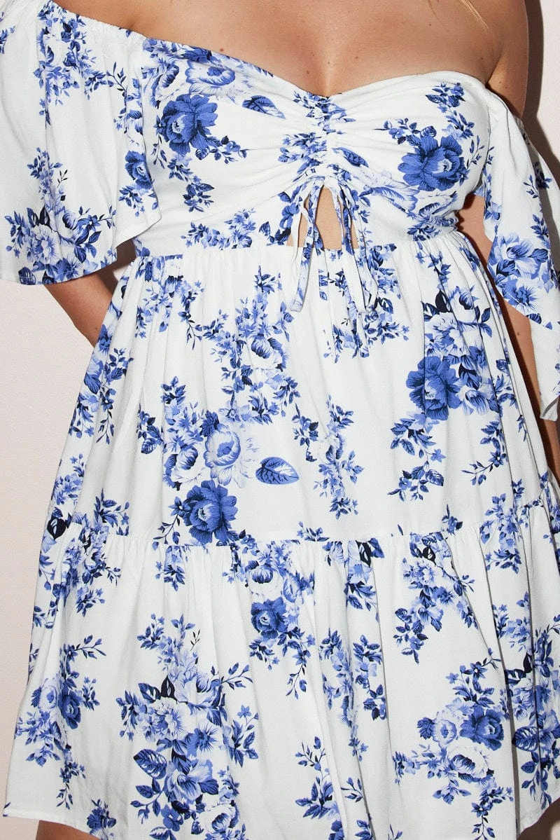 Blue Floral Drawstring Front Puff Sleeve Mini Dress 6 Blue Floral Drawstring Front Puff Sleeve Mini Dress - Image 6