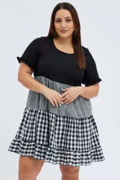 Black Check Mini Dress Short Sleeve Tiered -You And All Fashion Store cdd1418r 35rb check 3