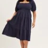 Blue Midi Dress Off Shoulder Short Sleeve