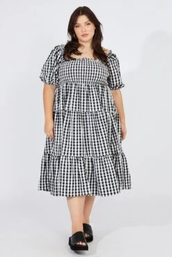 Black Check Midi Dress Short Sleeve Shirred Tie Back -You And All Fashion Store cdd1429f 33rb check 3