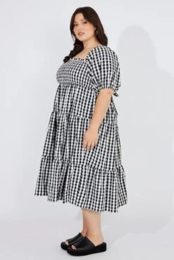 Black Check Midi Dress Short Sleeve Shirred Tie Back -You And All Fashion Store cdd1429f 33rb check 4