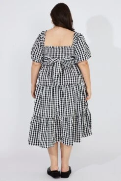 Black Check Midi Dress Short Sleeve Shirred Tie Back -You And All Fashion Store cdd1429f 33rb check 5