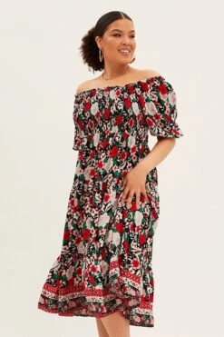 Multi Boho Midi Dress Off Shoulder Tie Back -You And All Fashion Store cdd1429p 34ab boho 2