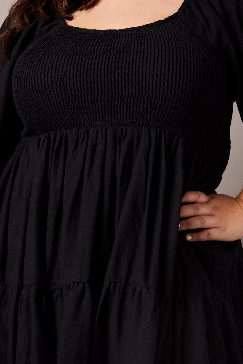 Black Shirred Tier Cotton Mini Dress 6 Black Shirred Tier Cotton Mini Dress - Image 6