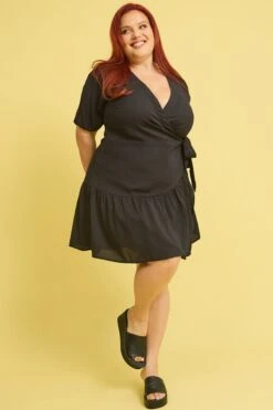 Black Wrap Frill Hem Dress