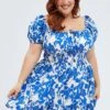 Blue Floral Fit And Flare Dress Short Sleeve