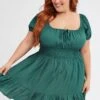 Green Fit And Flare Dress Short Sleeve Gathered Bust