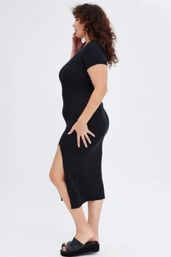 Black Knit Dress Short Sleeve Midi -You And All Fashion Store cdd1461 40rb black 4