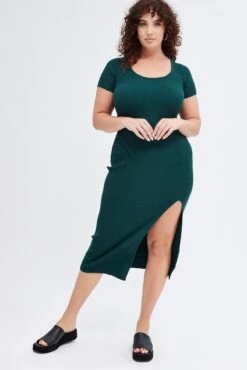 Green Knit Dress Short Sleeve Midi -You And All Fashion Store cdd1461 40rb forest 3