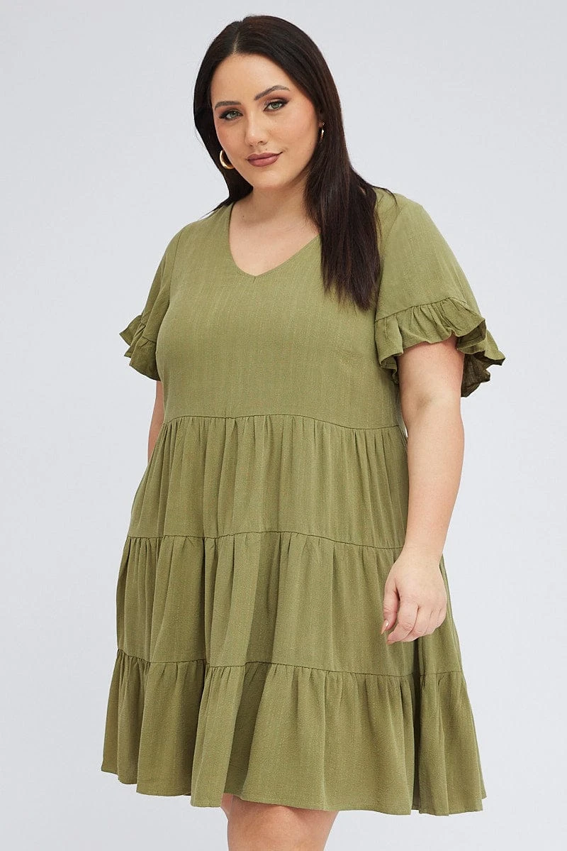 Green Relaxed Dress Short Sleeve V-neck Linen Blend 1 Green Relaxed Dress Short Sleeve V-neck Linen Blend