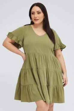 Green Relaxed Dress Short Sleeve V-neck Linen Blend 8 Green Relaxed Dress Short Sleeve V-neck Linen Blend -You And All Fashion Store cdd1462 34rb khaki 3