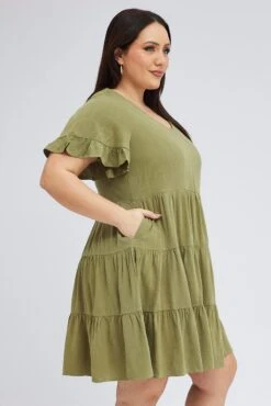 Green Relaxed Dress Short Sleeve V-neck Linen Blend 9 Green Relaxed Dress Short Sleeve V-neck Linen Blend -You And All Fashion Store cdd1462 34rb khaki 4