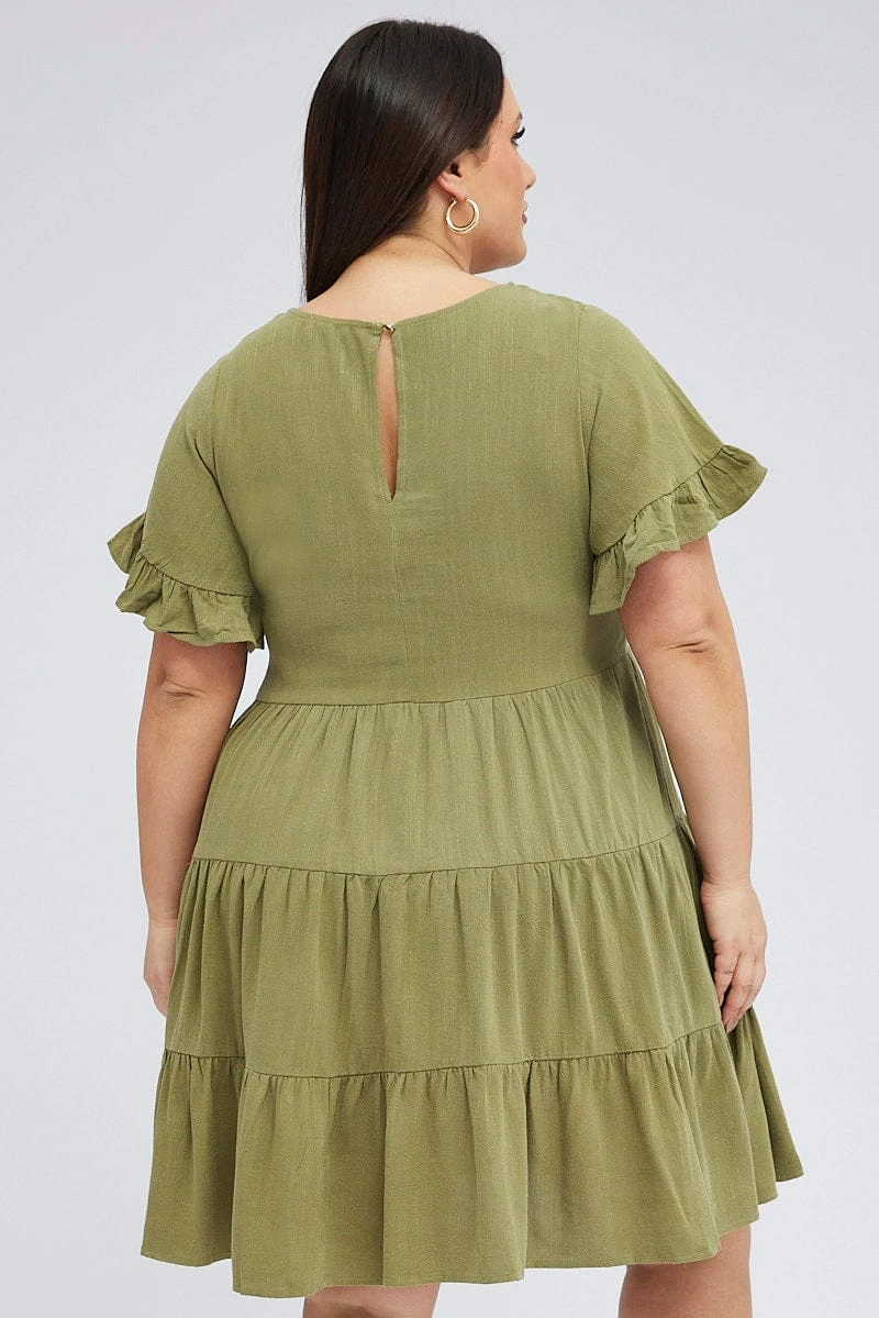 Green Relaxed Dress Short Sleeve V-neck Linen Blend 5 Green Relaxed Dress Short Sleeve V-neck Linen Blend - Image 5
