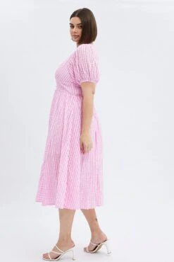 Pink Midi Dress Short Puff Sleeve Check -You And All Fashion Store cdd1485a 36a candy pink 4