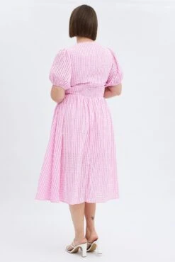 Pink Midi Dress Short Puff Sleeve Check -You And All Fashion Store cdd1485a 36a candy pink 5