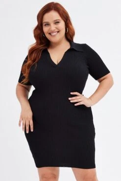Black Knit Dress Short Sleeve Collared -You And All Fashion Store cdd1488 40r black 3
