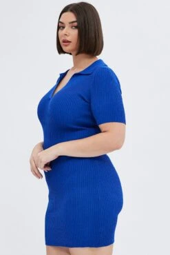 Blue Knit Dress Short Sleeve Collared -You And All Fashion Store cdd1488 40rb blue 4