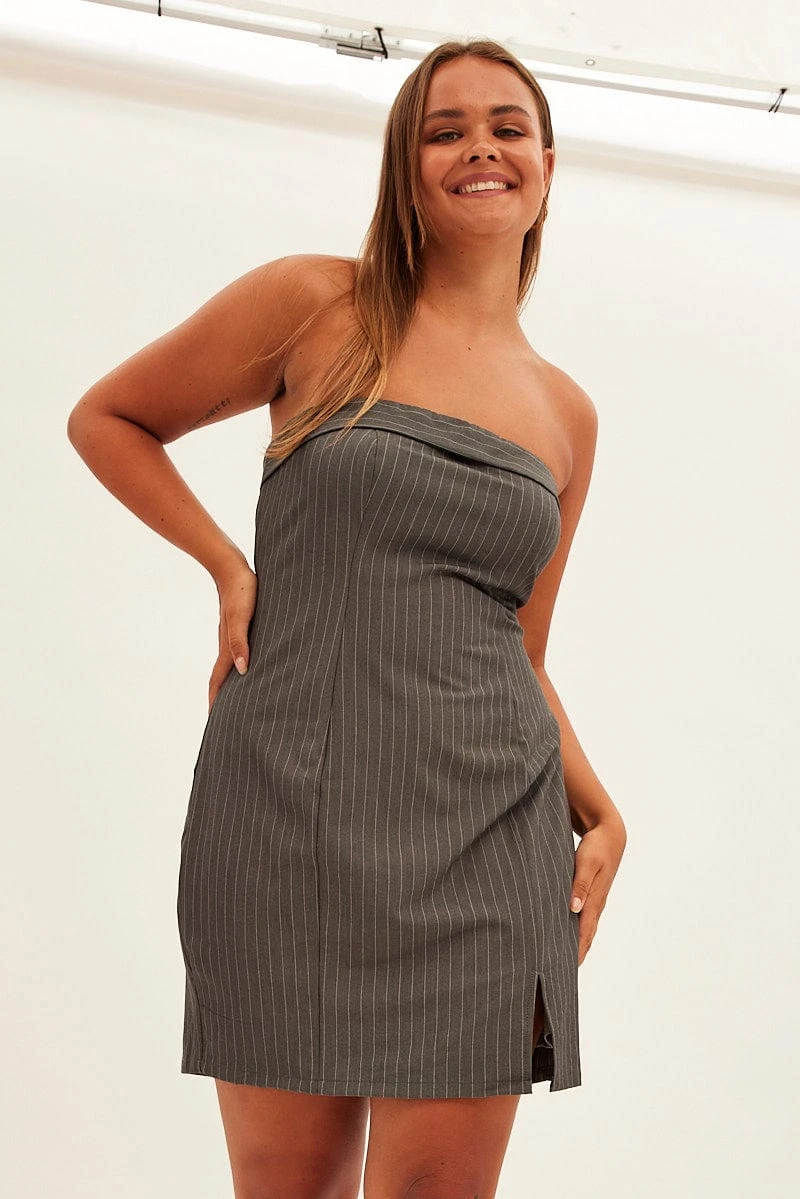 Grey Stripe Bodycon Dress Strapless 1 Grey Stripe Bodycon Dress Strapless