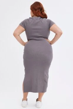 Grey Bodycon Dress Short Sleeve Midi Rib -You And All Fashion Store cdd1529 84rb charcoal 5