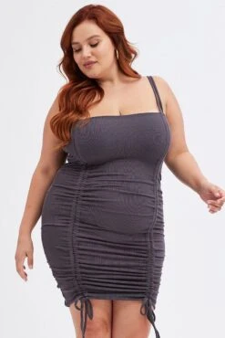 Grey Bodycon Dress Sleeveless Ruched Rib -You And All Fashion Store cdd1531 84rb charcoal 3