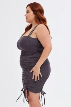 Grey Bodycon Dress Sleeveless Ruched Rib -You And All Fashion Store cdd1531 84rb charcoal 4