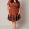 Brown Boho Shirred Mini Dress