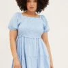 Pale Blue Skater Dress Square Neck Short Sleeve Tie
