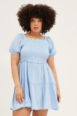 Pale Blue Skater Dress Square Neck Short Sleeve Tie