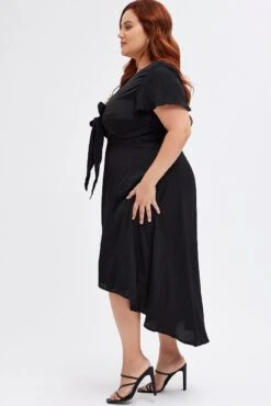 Black Midi Dress Short Sleeve Tie Back Satin -You And All Fashion Store cdd1545 33rb black 4