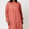 Beige Smock Dress Round Neck Long Sleeve Ruffle