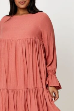 Beige Smock Dress Round Neck Long Sleeve Ruffle -You And All Fashion Store cdd15527 80y tan 5 1