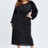 Black Midi Dress Long Sleeve Cut Out Plisse