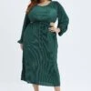 Green Midi Dress Long Sleeve Cut Out Plisse