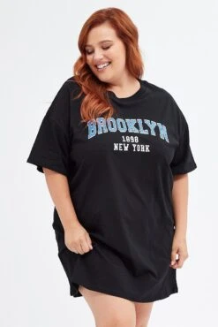 Black T-shirt Dress Short Sleeve Brooklyn Logo Cotton -You And All Fashion Store cdd1604b 84ab black 3