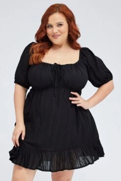 Black Skater Dress Scoop Neck Short Sleeve Tie -You And All Fashion Store cdd1619 36l black 3