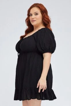 Black Skater Dress Scoop Neck Short Sleeve Tie -You And All Fashion Store cdd1619 36l black 4