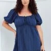 Blue Fit And Flare Dress Short Sleeve Ruched Bust