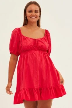 Red Fit And Flare Dress Short Sleeve Ruched Bust -You And All Fashion Store cdd1619a 36rb burgundy 3