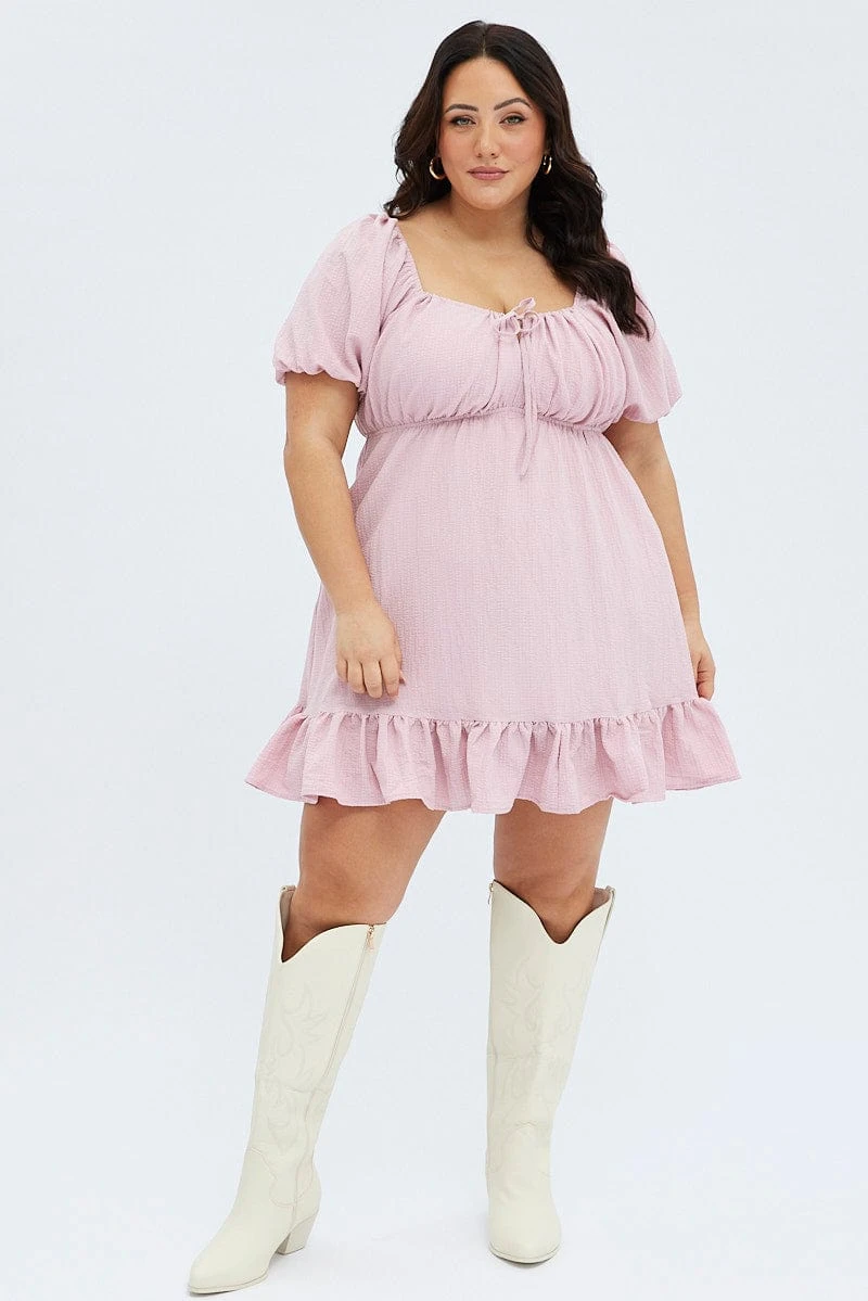 Pink Textured Mini Dress Tie Front 2 Pink Textured Mini Dress Tie Front - Image 2